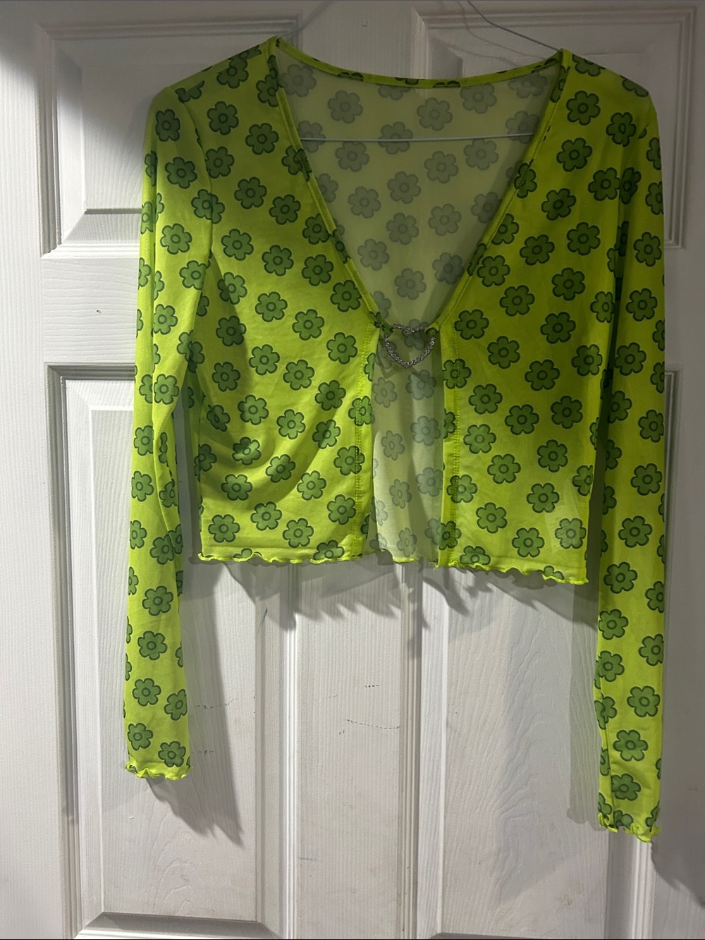 Sheer Neon Green Floral Long-Sleeve Crop Top Sz M